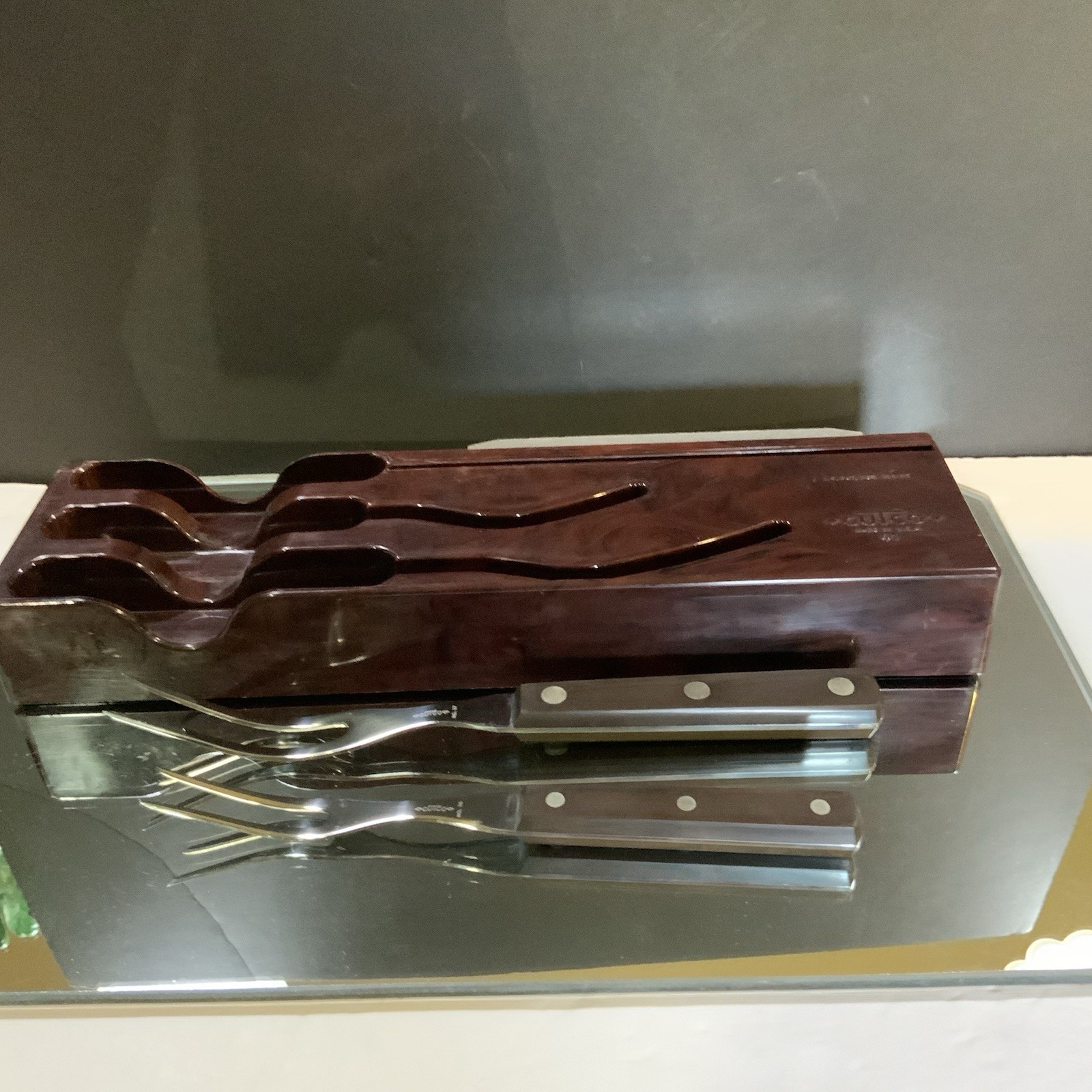 Vintage Cutco 2 Meat Forks Bakelite Style Tray Honing Stone Stainless Steel #69