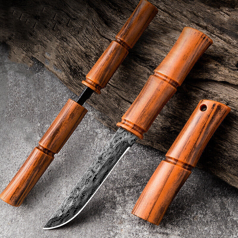 Portable Damascus Steel Fruit Knife with Bamboo Handle | Camping & Kitchen Use