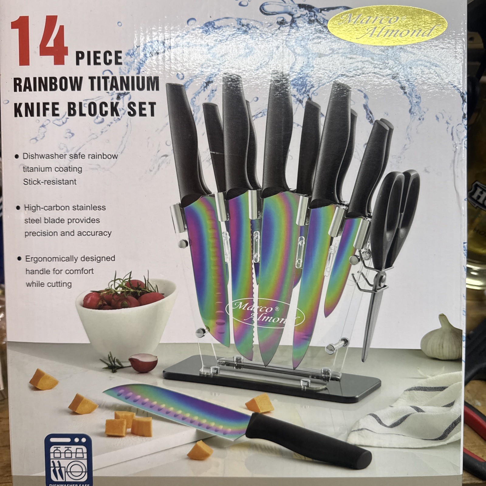 14 Piece Rainbow Titanium Knife Block Set. Brand New