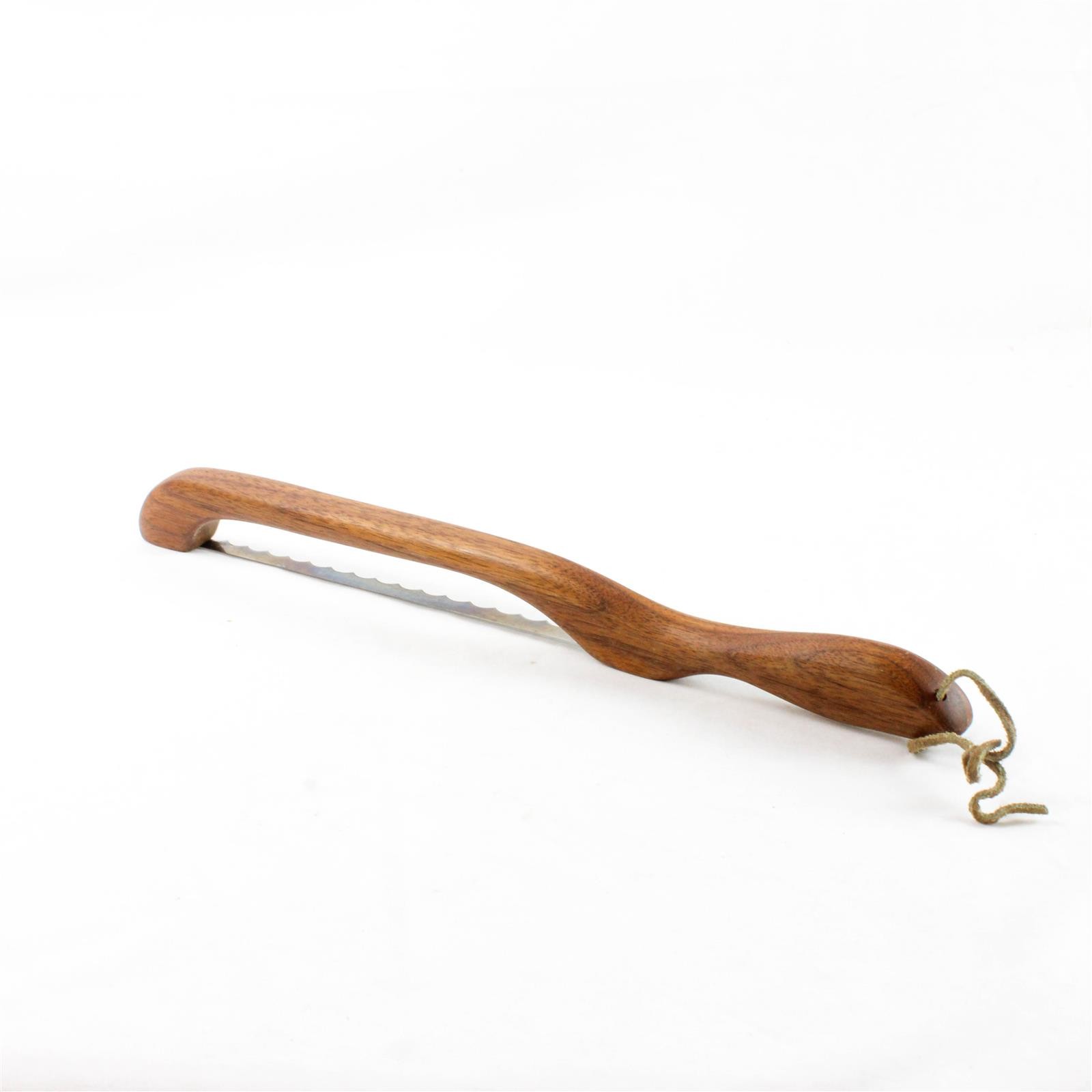 Bespoke Wooden Handle Fiddle Bow Bread Knife 16in Serrated Leather Strap