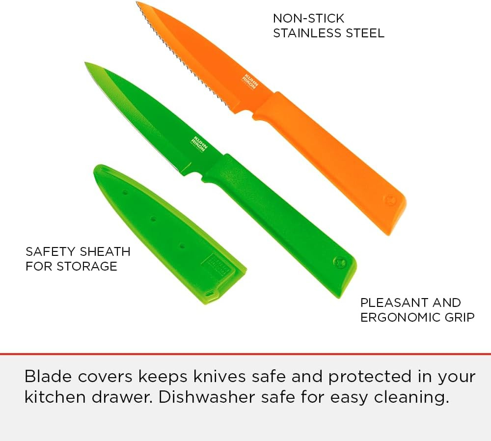 COLORI+ Non-Stick Straight and Serrated Paring Knives with Safety Sheaths, Set o