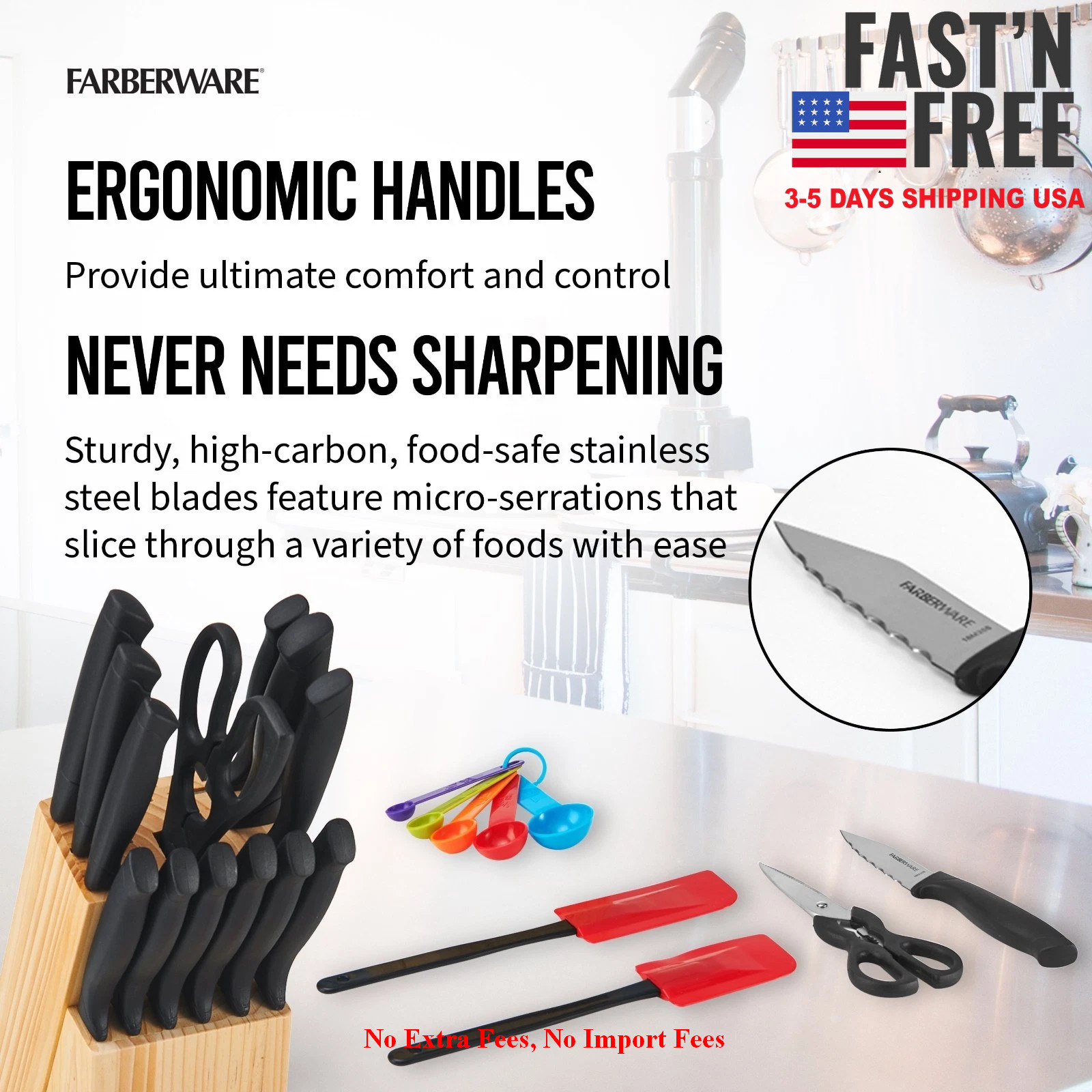 2Pack Farberware 23Pc Cutlery Set Stainless Steel Never Needs Sharpening Black
