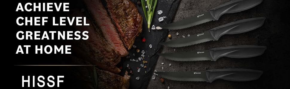 Steak Knives Set of 8, Black Serrated Stainless Steel Sharp Blade Flatware Steak