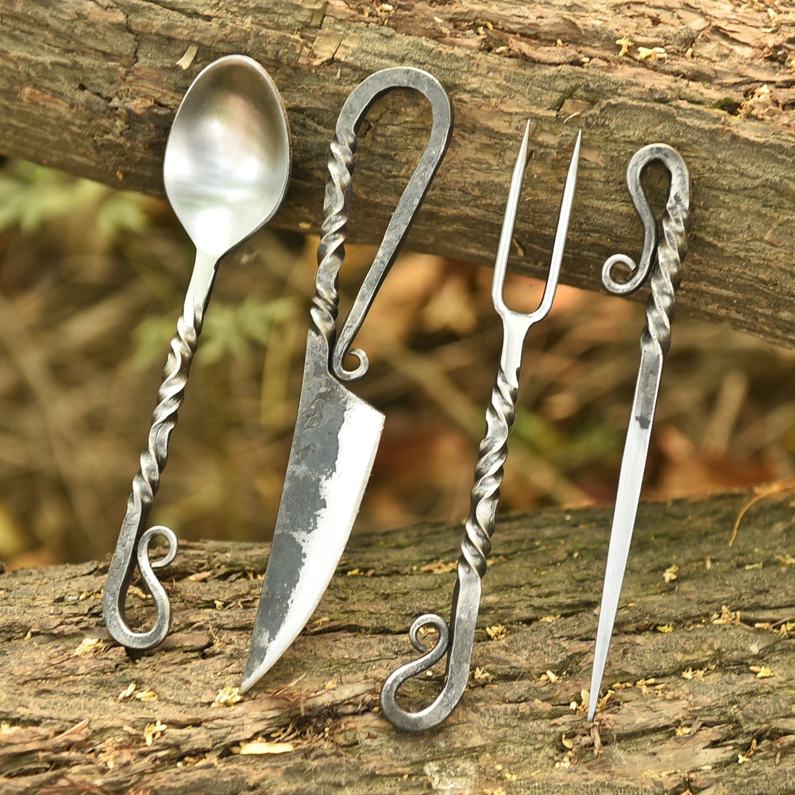 Vintage Hand Forged Camp Cooking Tool Set Chef Steak Knife Spoon Fork BBQ Skewer