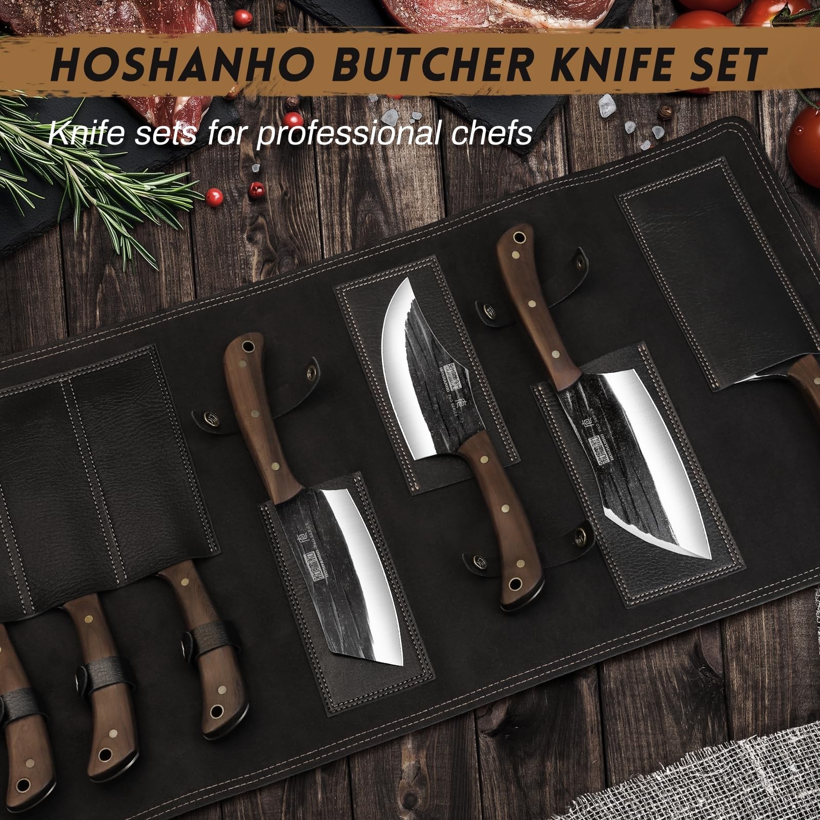 HOSHANHO 8PCS Hand Forged Butcher Set with Storage & 2PCS Sharpening Stone Kit