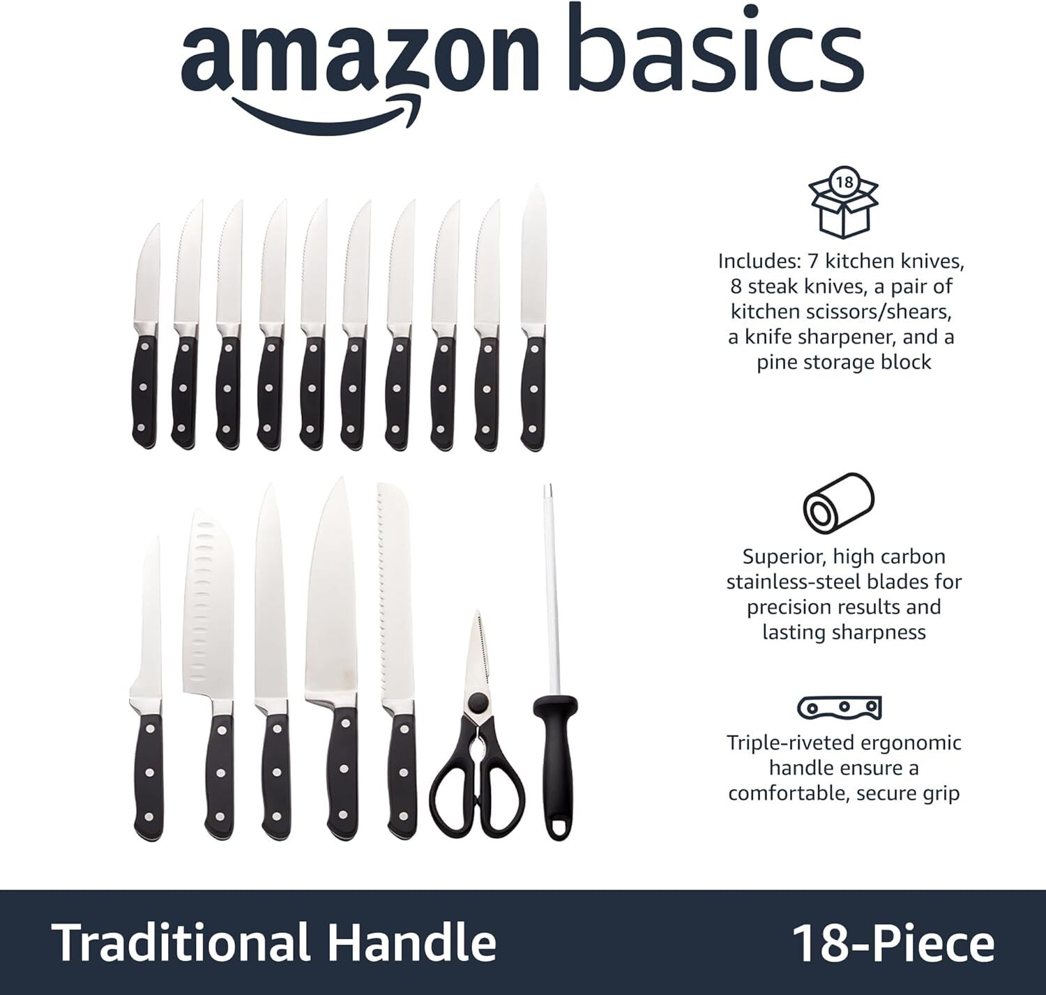 18-PiecePremium High Carbon Stainless Steel Blade Set with Pine Wood Block,Black