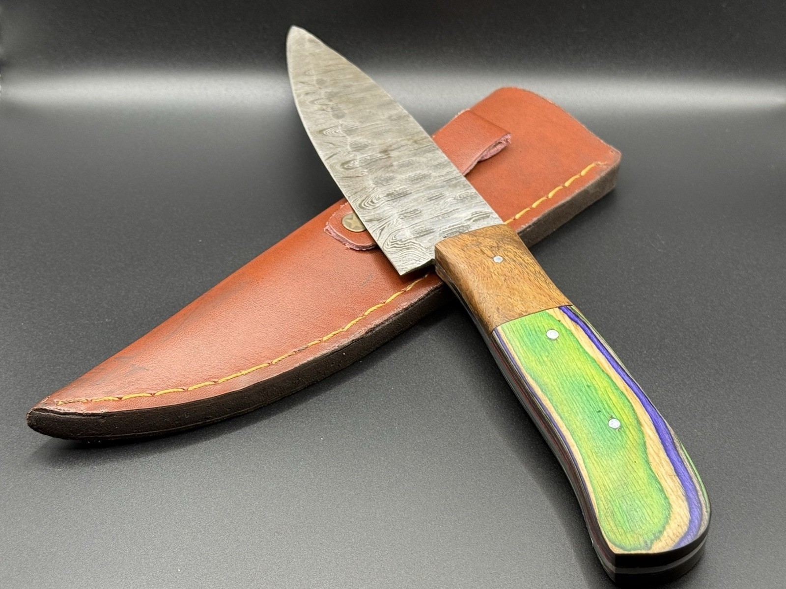 Damascus Steel Full Tang Fixed Blade Chefs Knife W Sculpted Wood Handle