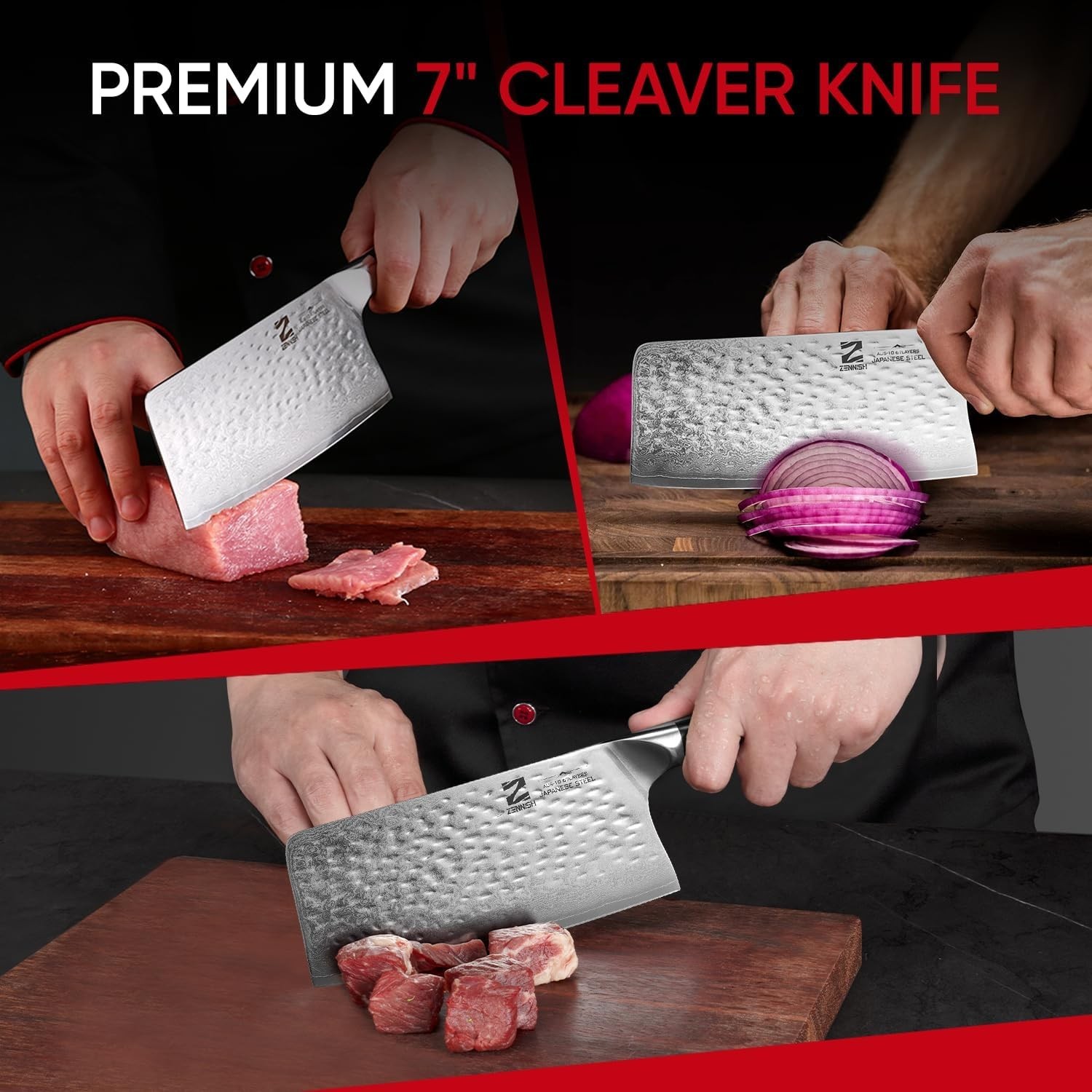 KENNISH Cleaver Knife 7″ Meat Cleaver – Japanese AUS-10 Damascus Steel 60HRC
