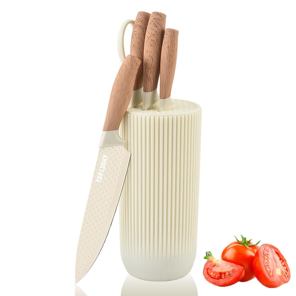 6 PCS Kitchen Knife Set Beige Nonstick Stainless Steel Sharp Block