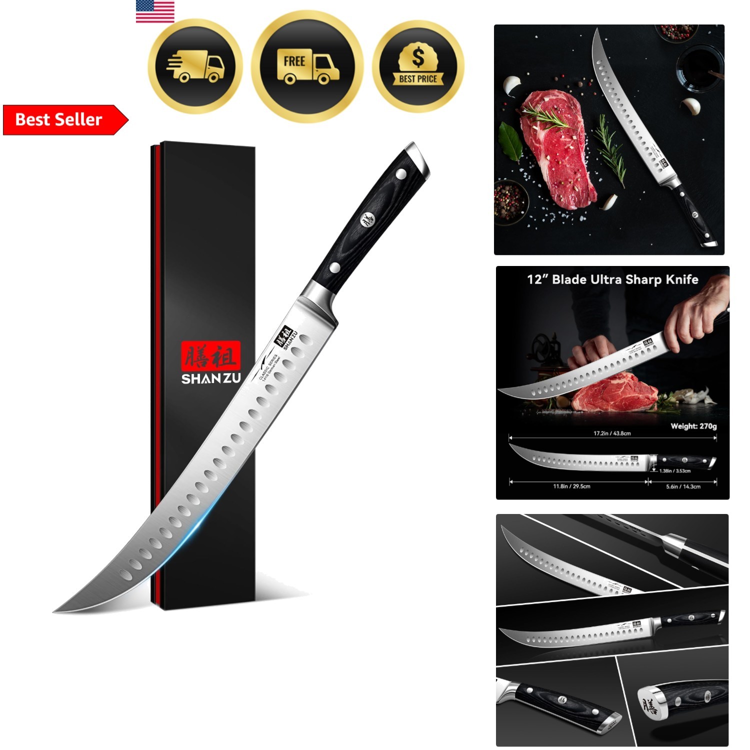 12 Inch Carving Knife Slicing Meat Steak Razor Sharp German Stainless Steel