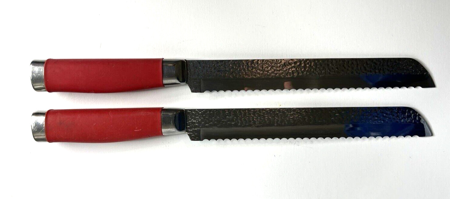 2 Hampton Forge TOMODACHI 8″ Bread Serrated Knife Red Handle Hammered Finish