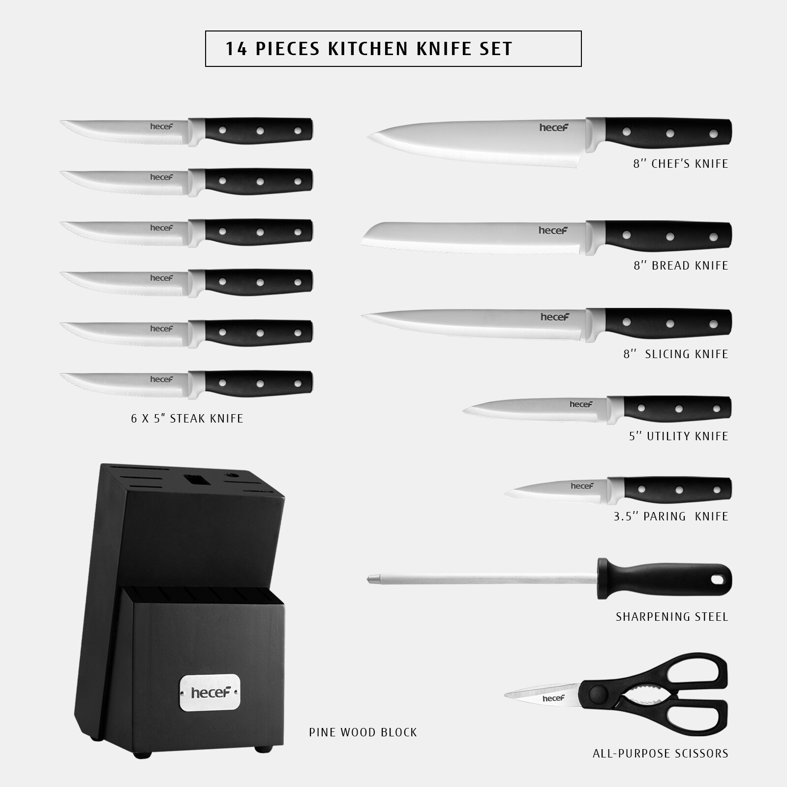 14 PCS Kitchen Knife Block Set with Wooden Block Chef Knife Steak Cutlery Set