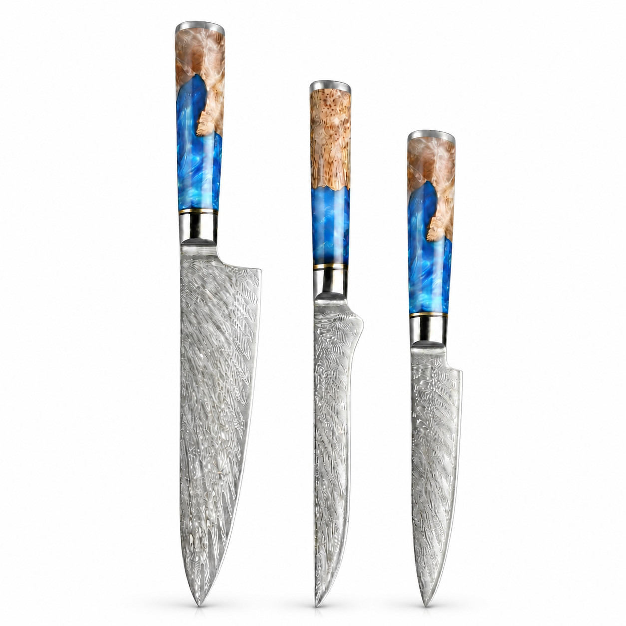 3-Piece Damascus Knife Set 67-Layer VG10 Japanese Kitchen Knives Blue Resin