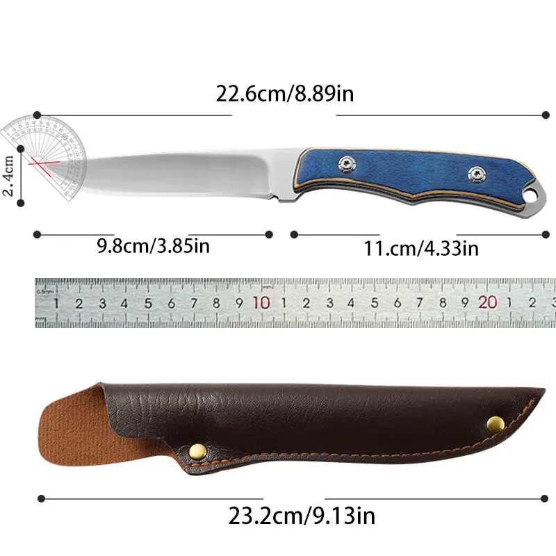 portable steel knife with sheath and wood handle for grilling and fruit cutting