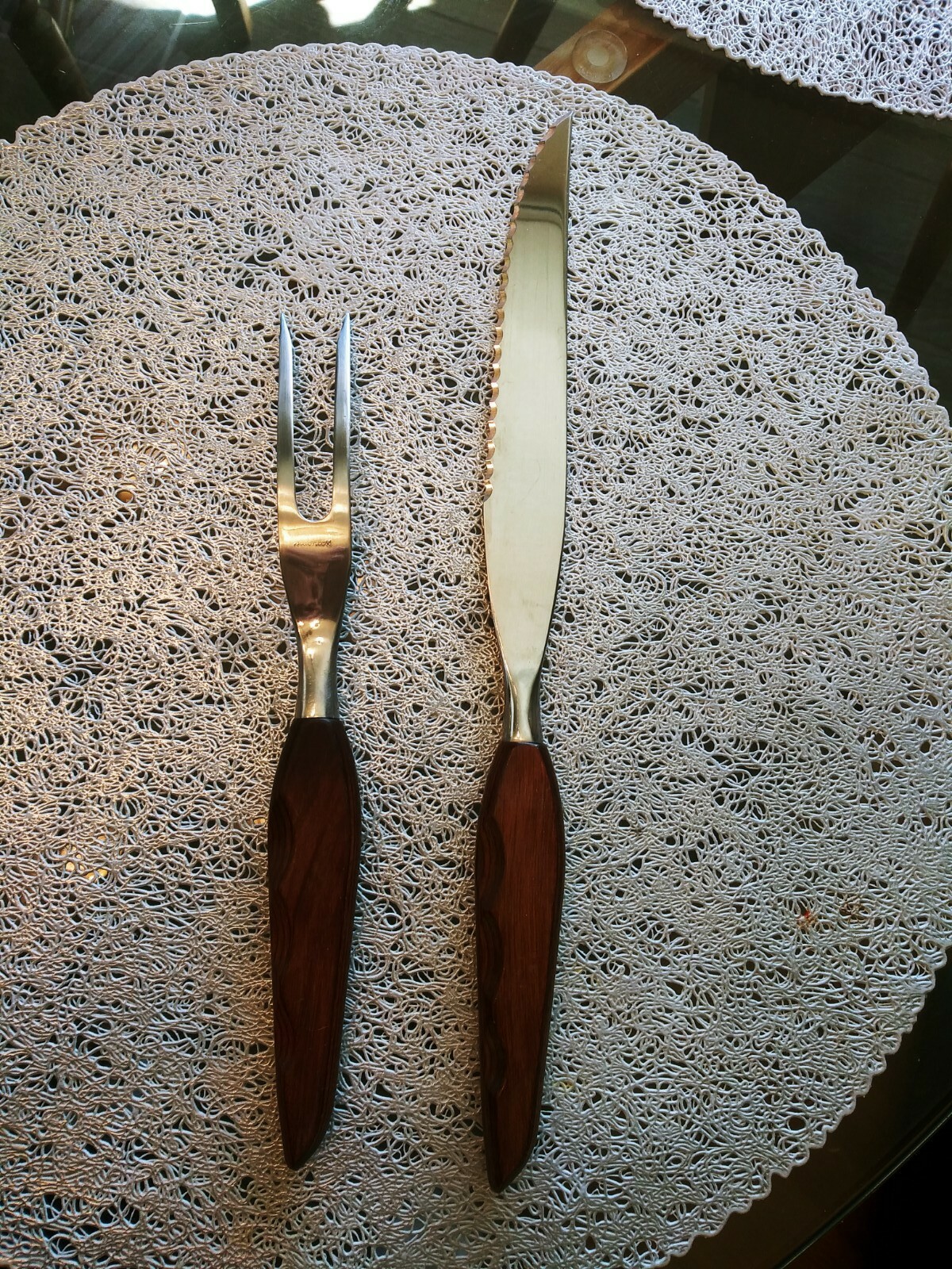 Fleetwood Designs Carving Knife and Fork Set Mid Century Modern Teak Stainless