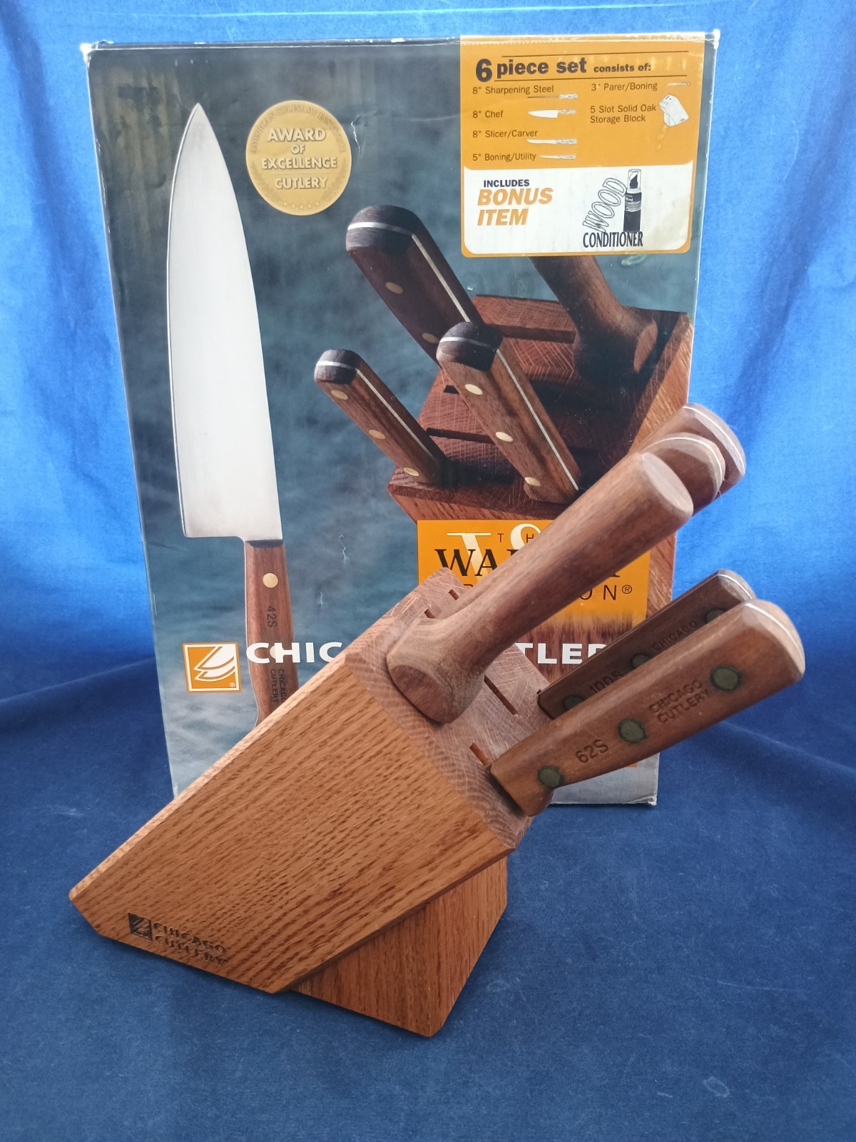 Chicago Cutlery 6 Piece Set 8″ Hone 42S 66S 62S 100S 5 Slot Oak Knife Block BOX