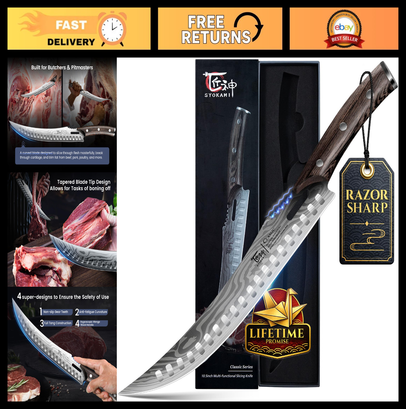 10.5″ Curved Butcher Knife – Japanese Style Meat Carving Knife, Damascus Steel,