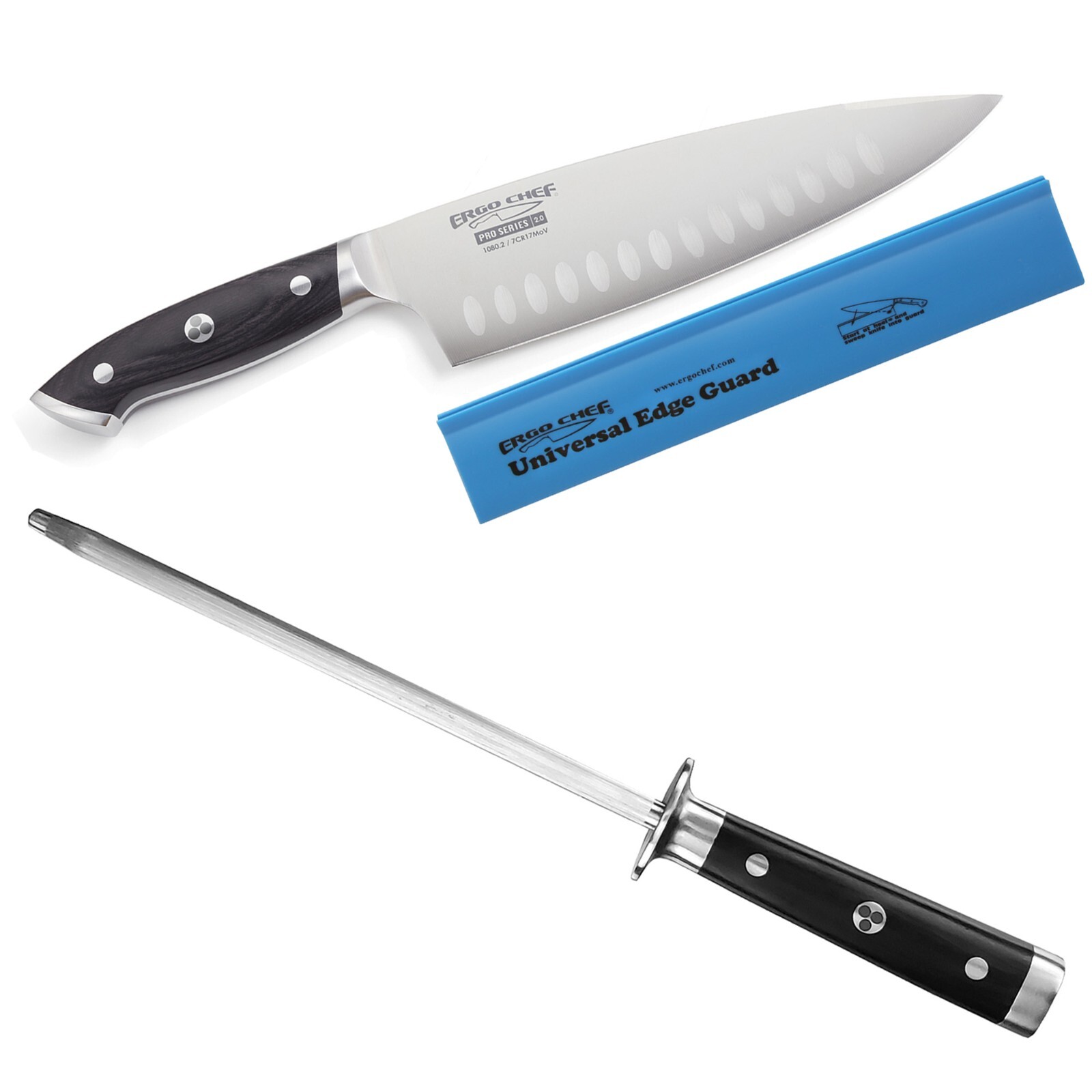 Ergo Chef Pro Series 2.0 3pc Knife Set 8″ Chef Knife, Sharpener & Edge Guard