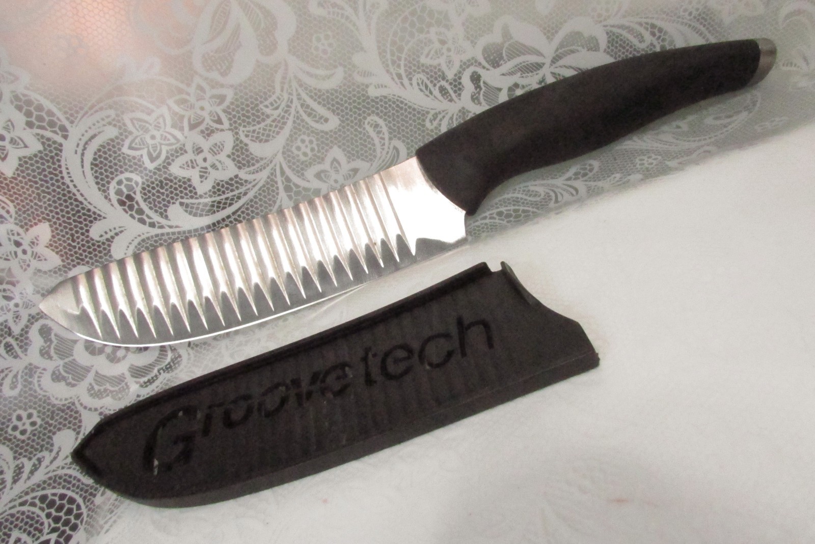 Groove Tech 5″ Blade Chef Kitchen KNIFE with SHEATH Black Rubber Handle Made USA