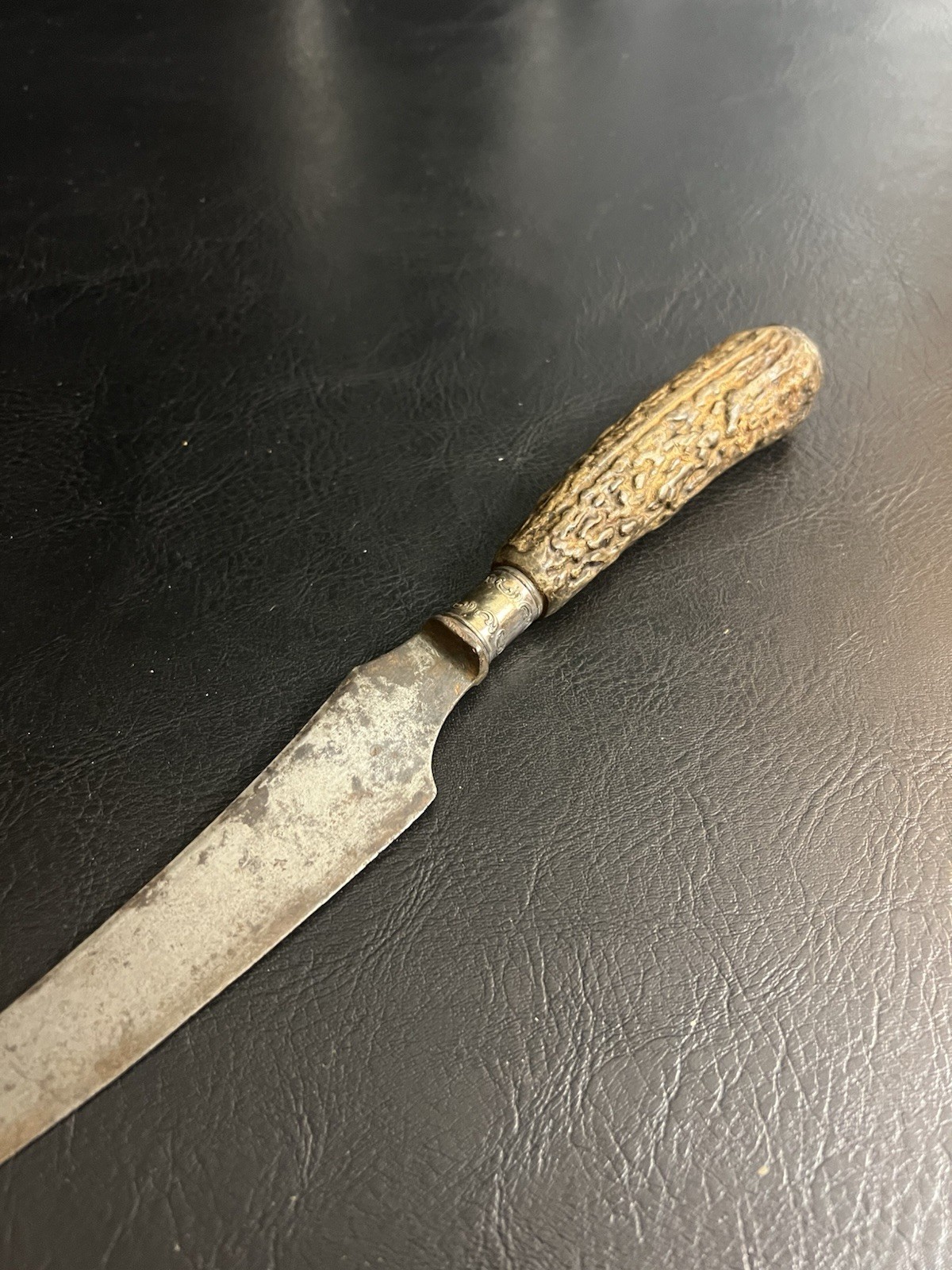 VTG Antique Large Carving Knife Stag Antler Handle Sheffield Banded Decoration