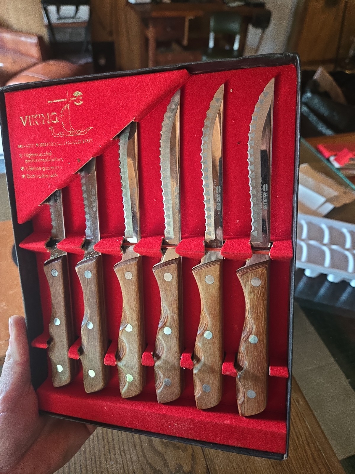 Viking Super Sword Blades 6 Steak Knife Set In Original Box Japan wood handle
