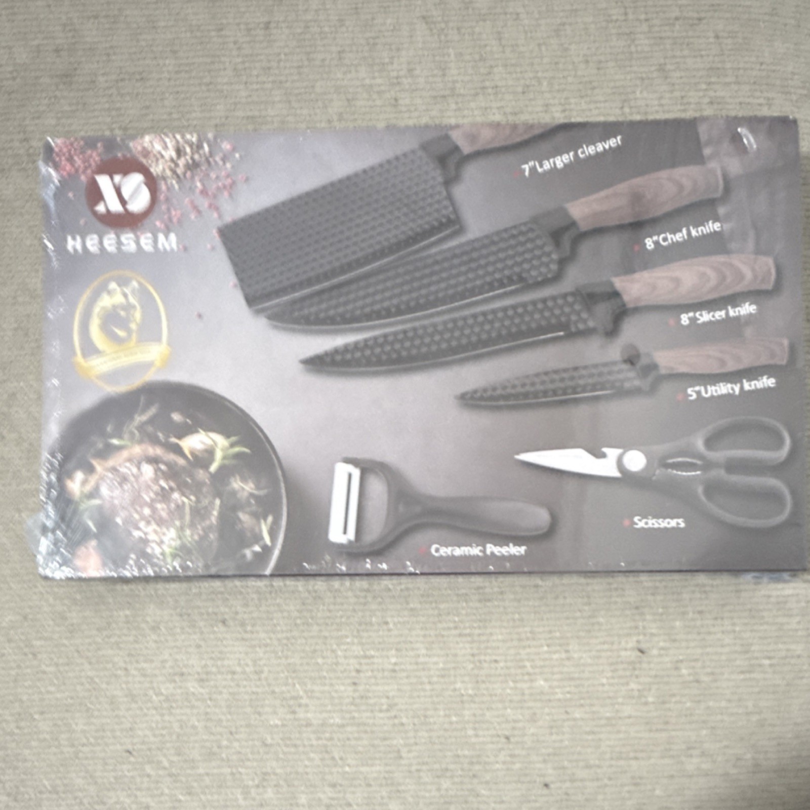 HEESEM Kitchen Knife Set 6pc Stainless Steel Wood Handle Cleaver Scissors