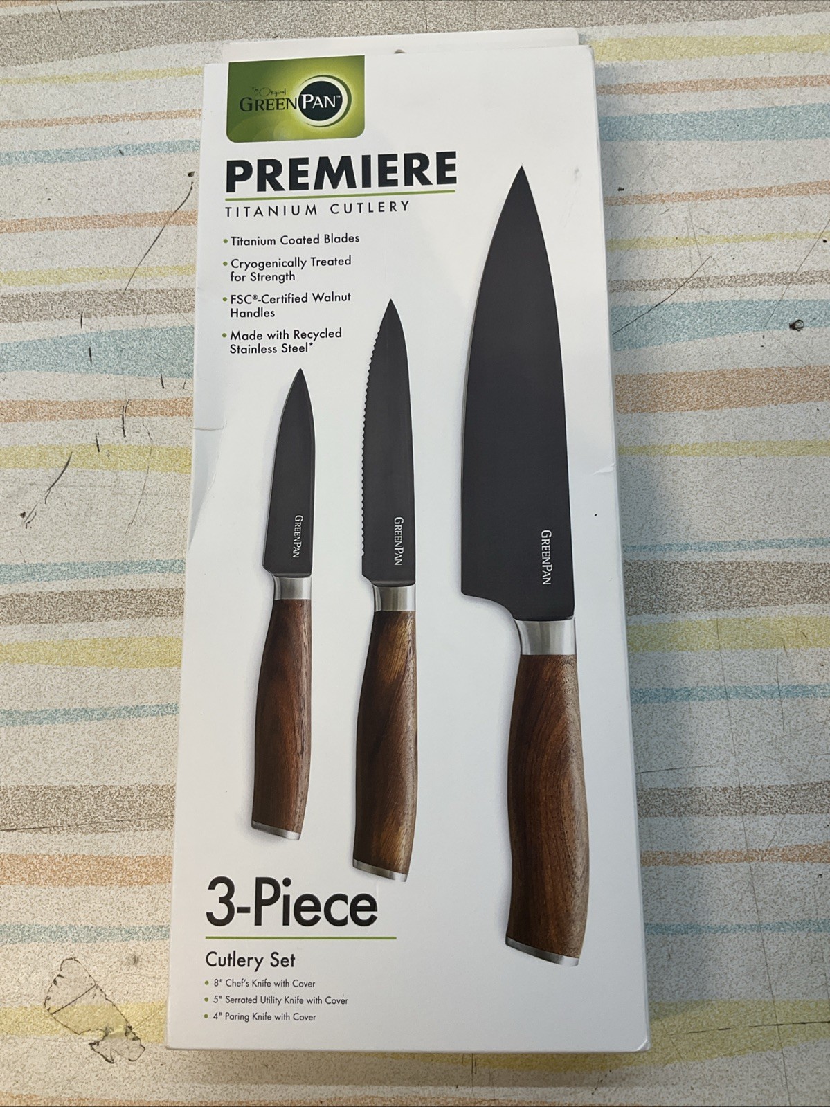GREEN PAN PREMIERE TITANIUM CUTLERY 3-PIECE KNIFE SET WITH WALNUT HANDLES
