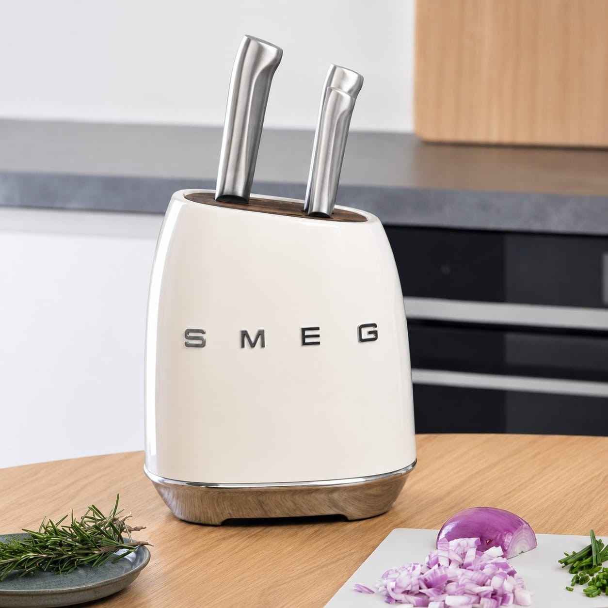 SMEG 7-Pieces Kitchen Knife Block Set Stainless Steel -Cream Beige Fast Shipping