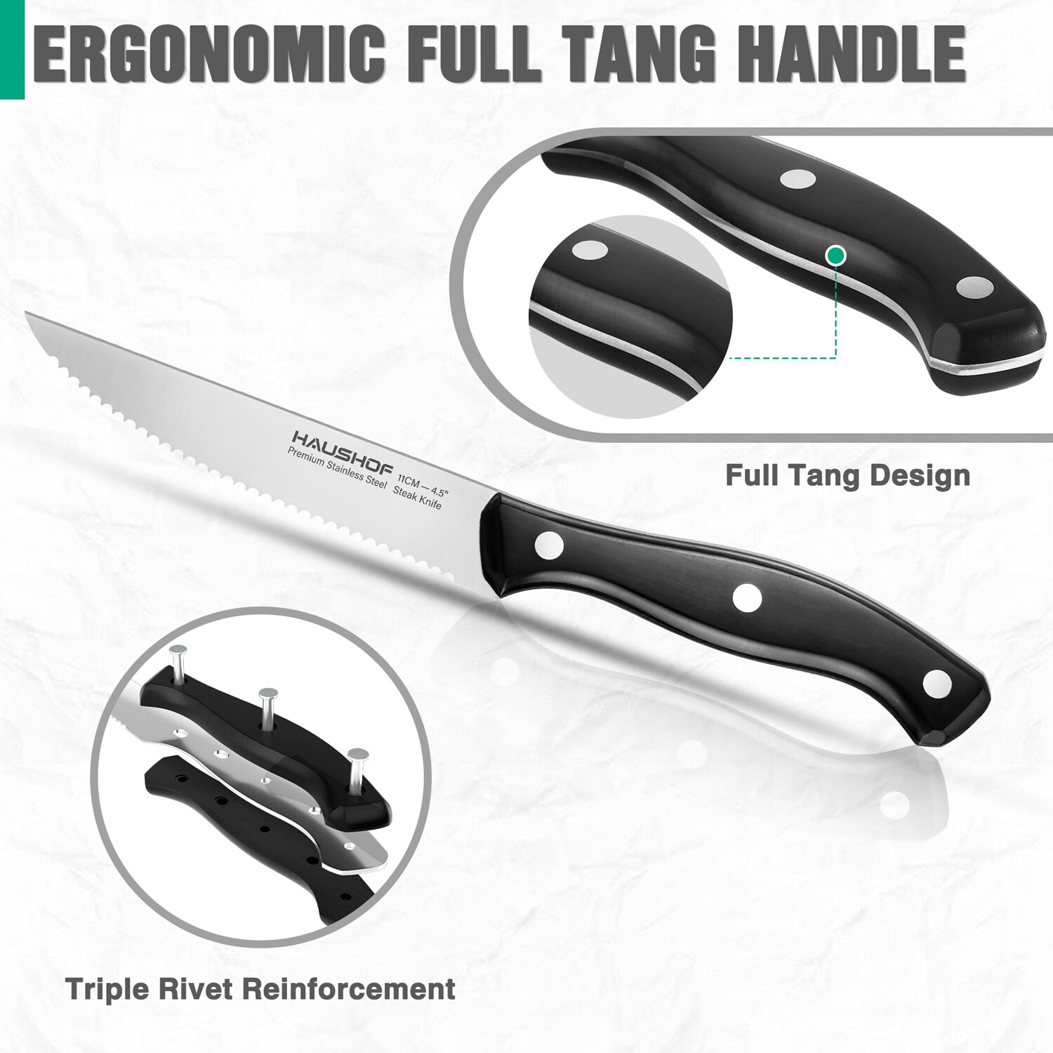 HAUSHOF 8PCS 9″ Steak Knives Set Serrated Full Tang Blade Stainless Steel Knives