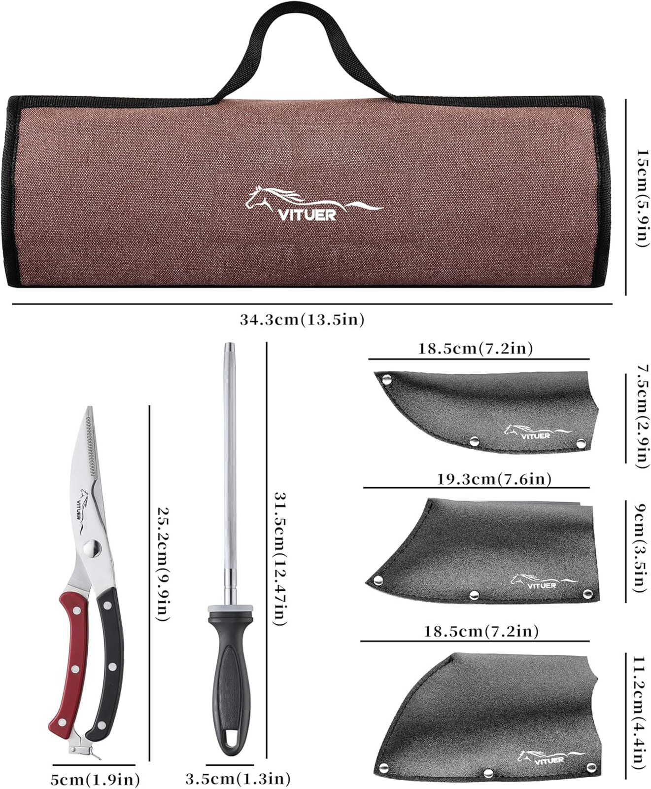 Butcher Knife Set 9 Pieces with Honing Steel and Sheaths, 7 Inch Meat Cleaver