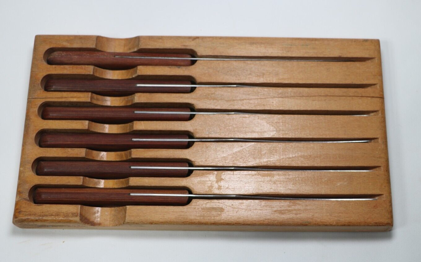 Vintage Boker Tree Brand Stainless Steak Knife Set 6pc USA Made Knives