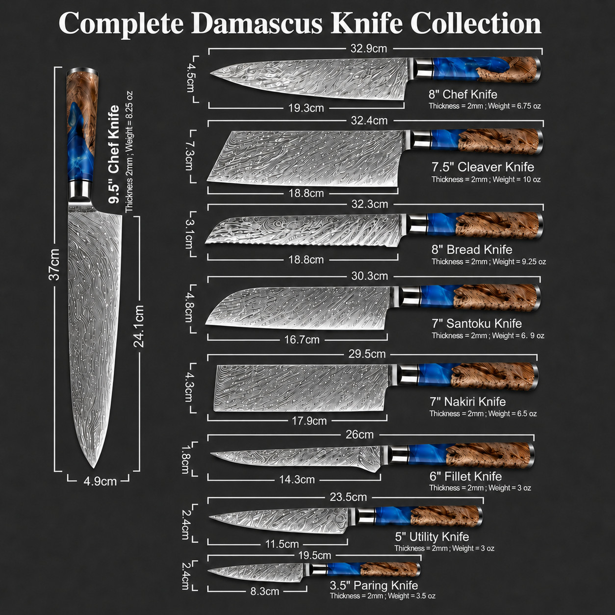 3-Piece Damascus Knife Set 67-Layer VG10 Japanese Kitchen Knives Blue Resin