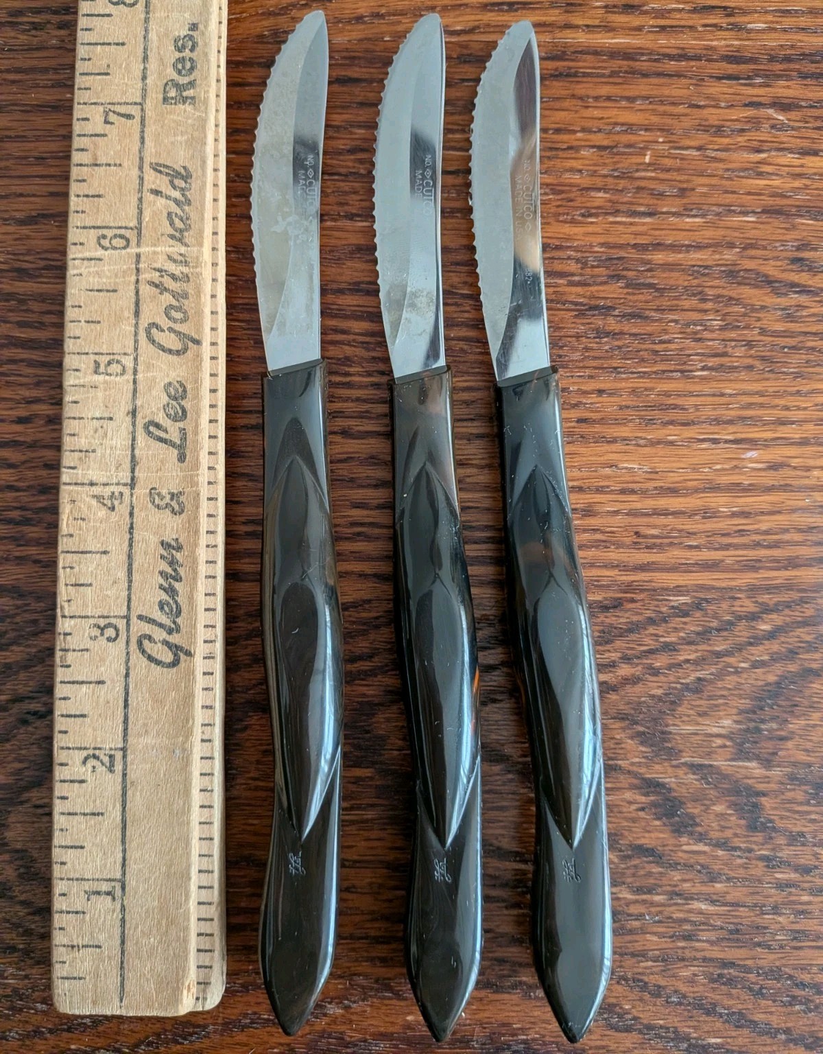 Cutco 1759 Set of 3 Serrated Steak Knives 4in Stainless Blade Dark Brown Swirl