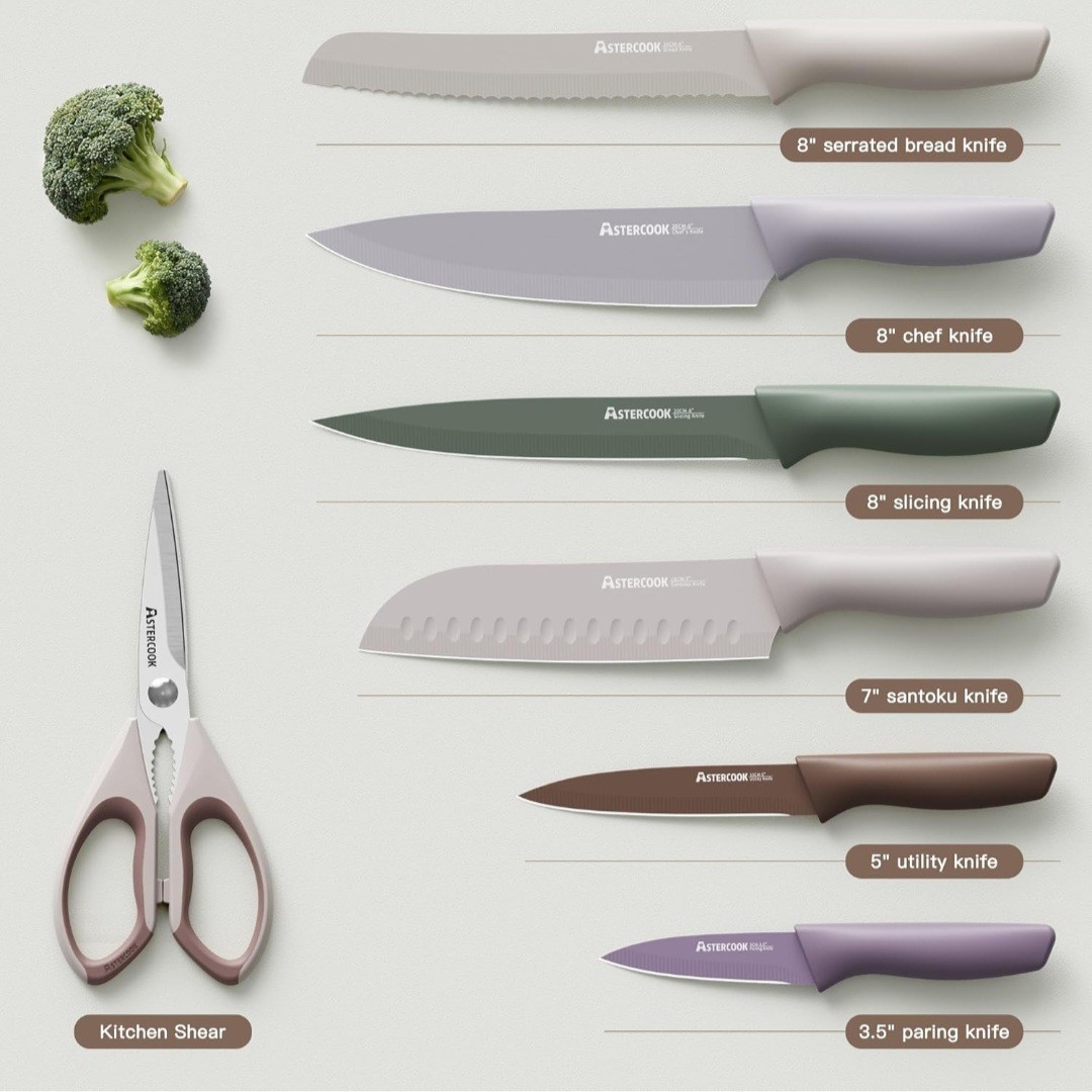 AsterCook Multicolor Kitchen Knife Set, High Carbon Steel, Dishwasher Safe, 6 Pc