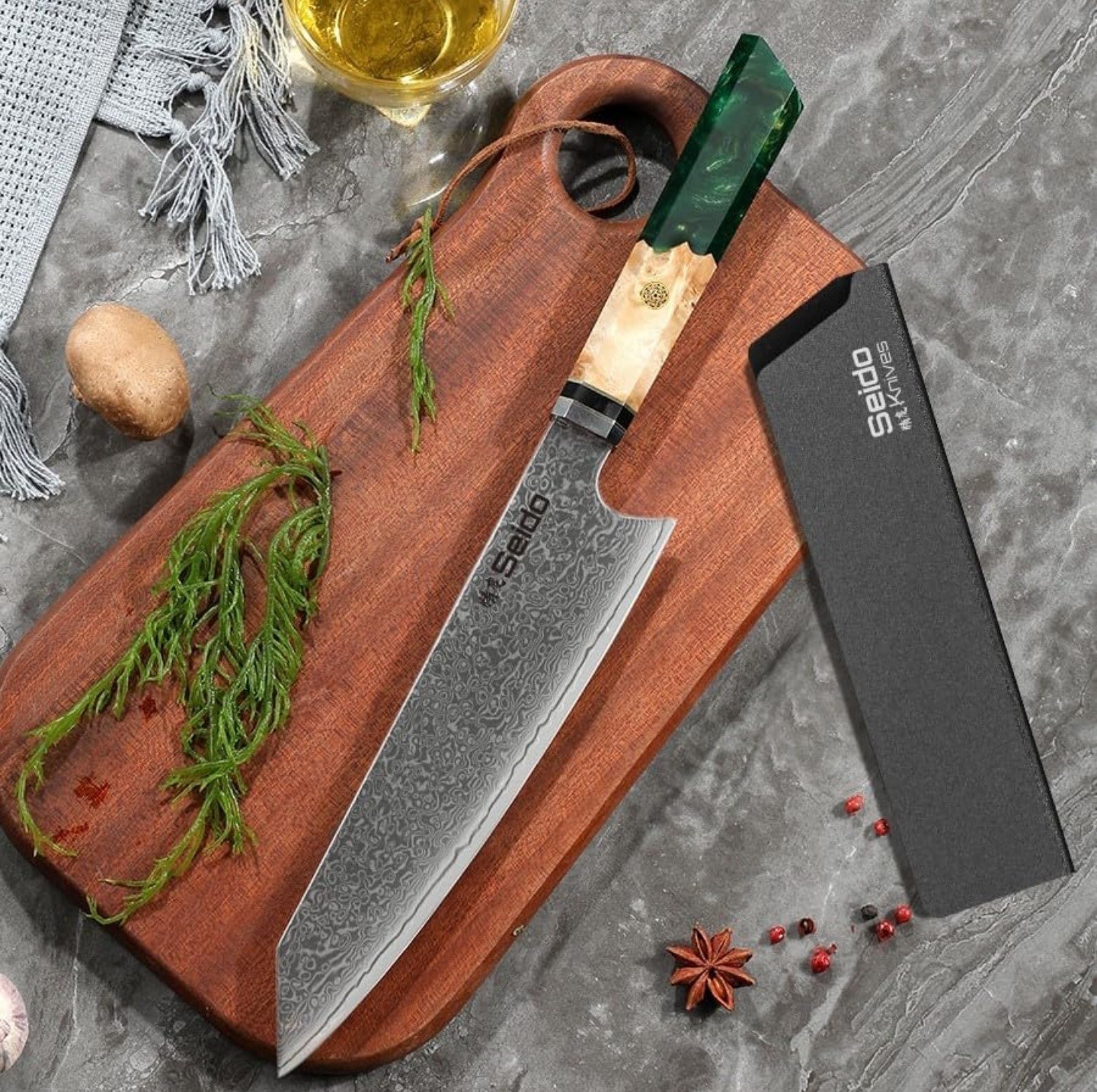 Seido Knives Kiritsuke Damascus Steel Chef Knife Epoxy Resin Stabilized Wood