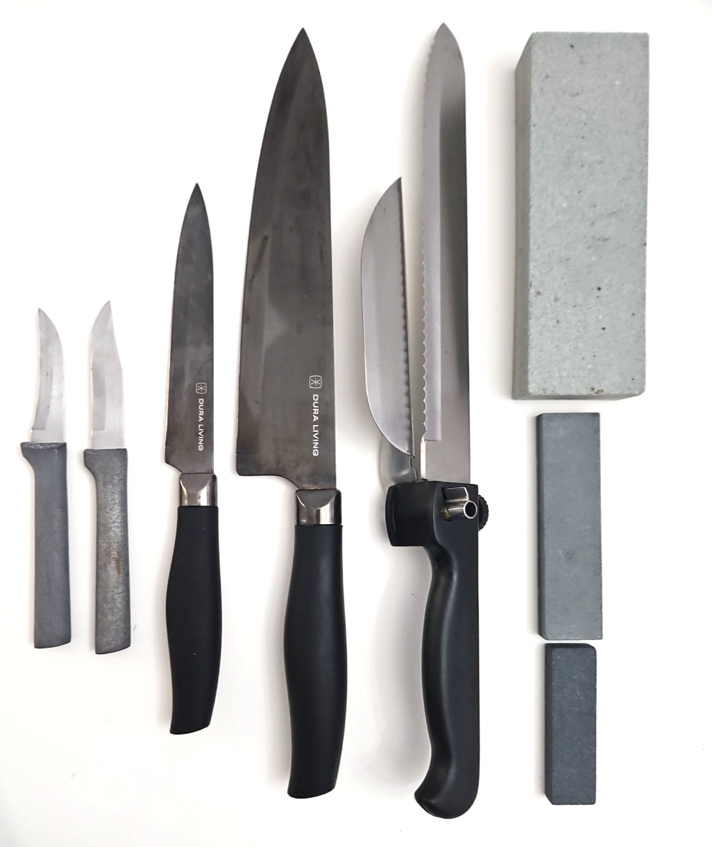 Kitchen Knife Lot – 5 Assorted Chef Bread Paring Knives & 3 Sharpening Stones