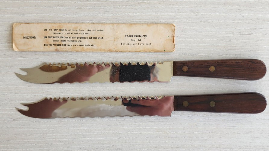 Le-Mir VTG Knives Qty 2 Double Serrated Stainless Steel Wood Handles 8″ Blade