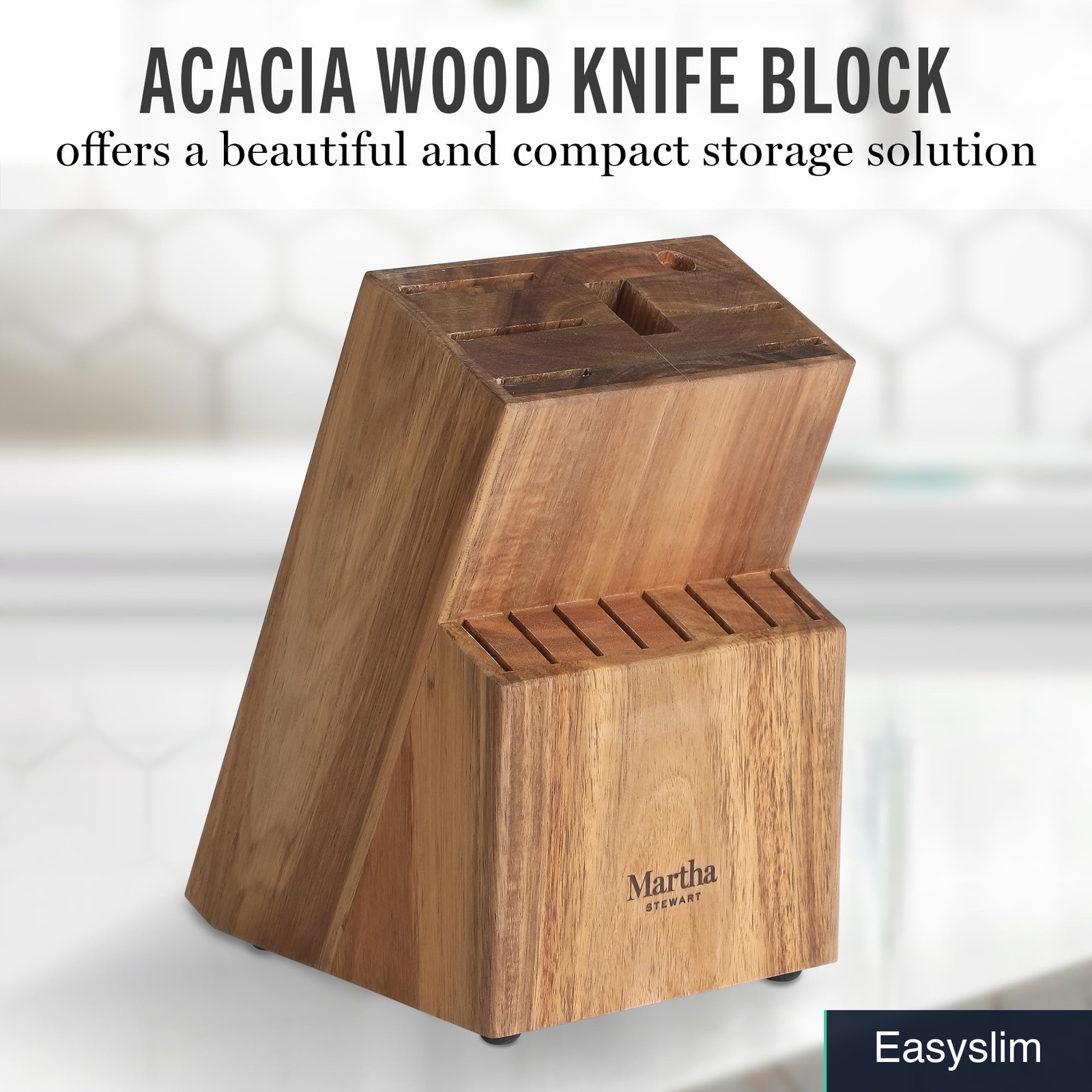 16-Piece Stainless Steel Knife Block Linen White Gold Acacia Wood