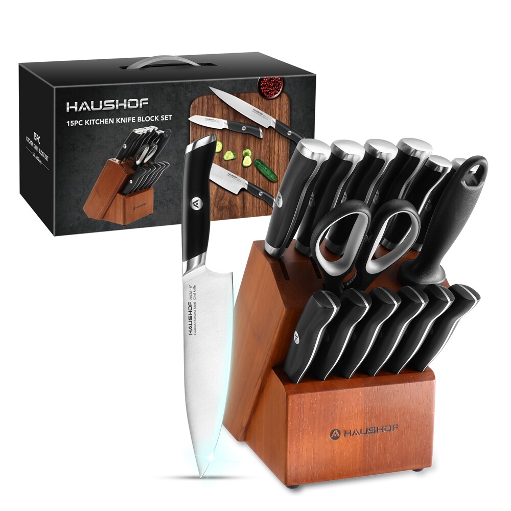HAUSHOF 15-Pieces Kitchen Knife Set Stainless Steel w/ Sharpener Rod &Wood Block
