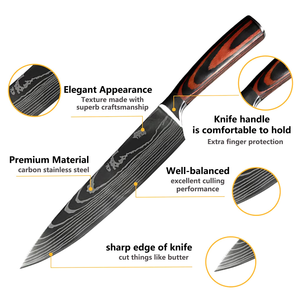 8 Piece Kitchen Knives Set Japanese Damascus Style Stainless Steel Chef’s Knife