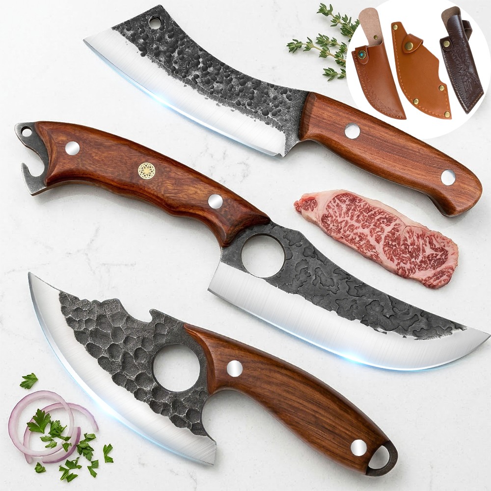 Hand Forged Meat Cleaver Viking Butcher Boning Knife Outdoor BBQ Knife w/ Sheath