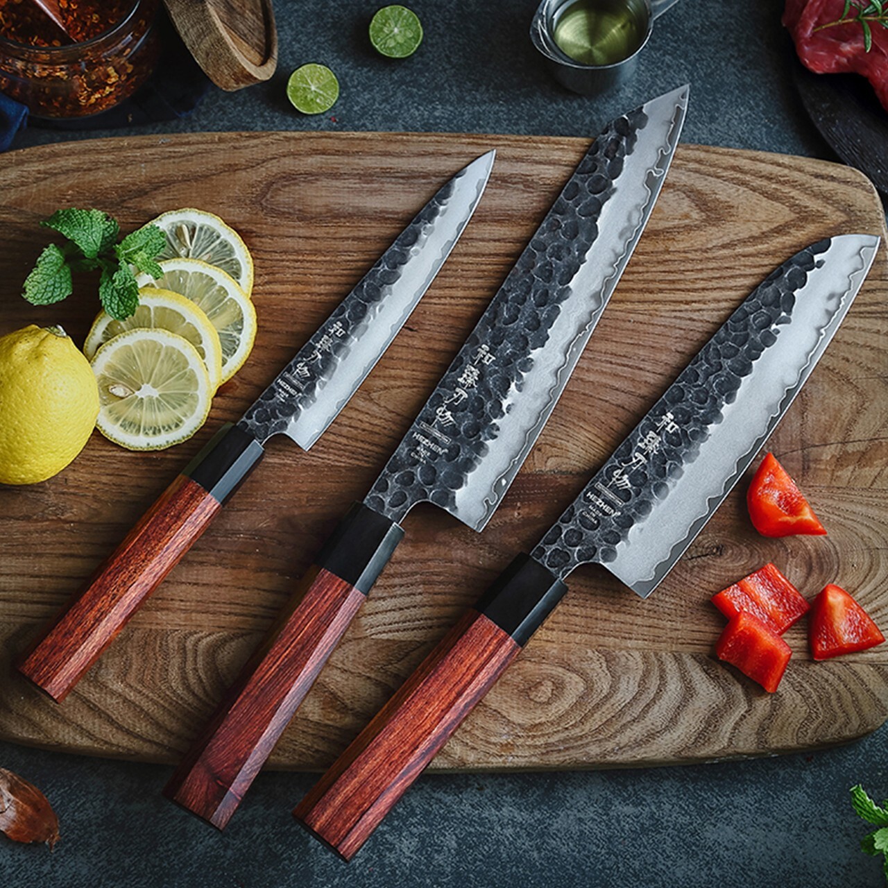 Hezhen PM8S 3pcs Knife Set Chef Santoku and Utility Knife Stainless Steel
