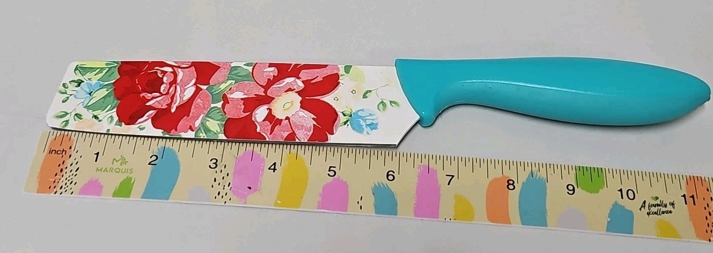 The Pioneer Woman 6” Chef Knife With Sheath Floral Blade. Teal Handle GUC