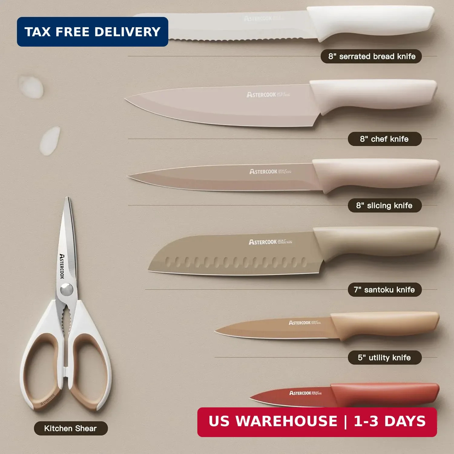 Astercook Knife Set, 13 Pieces Kitchen Knives Set with Healthy Anti-Rust Coating