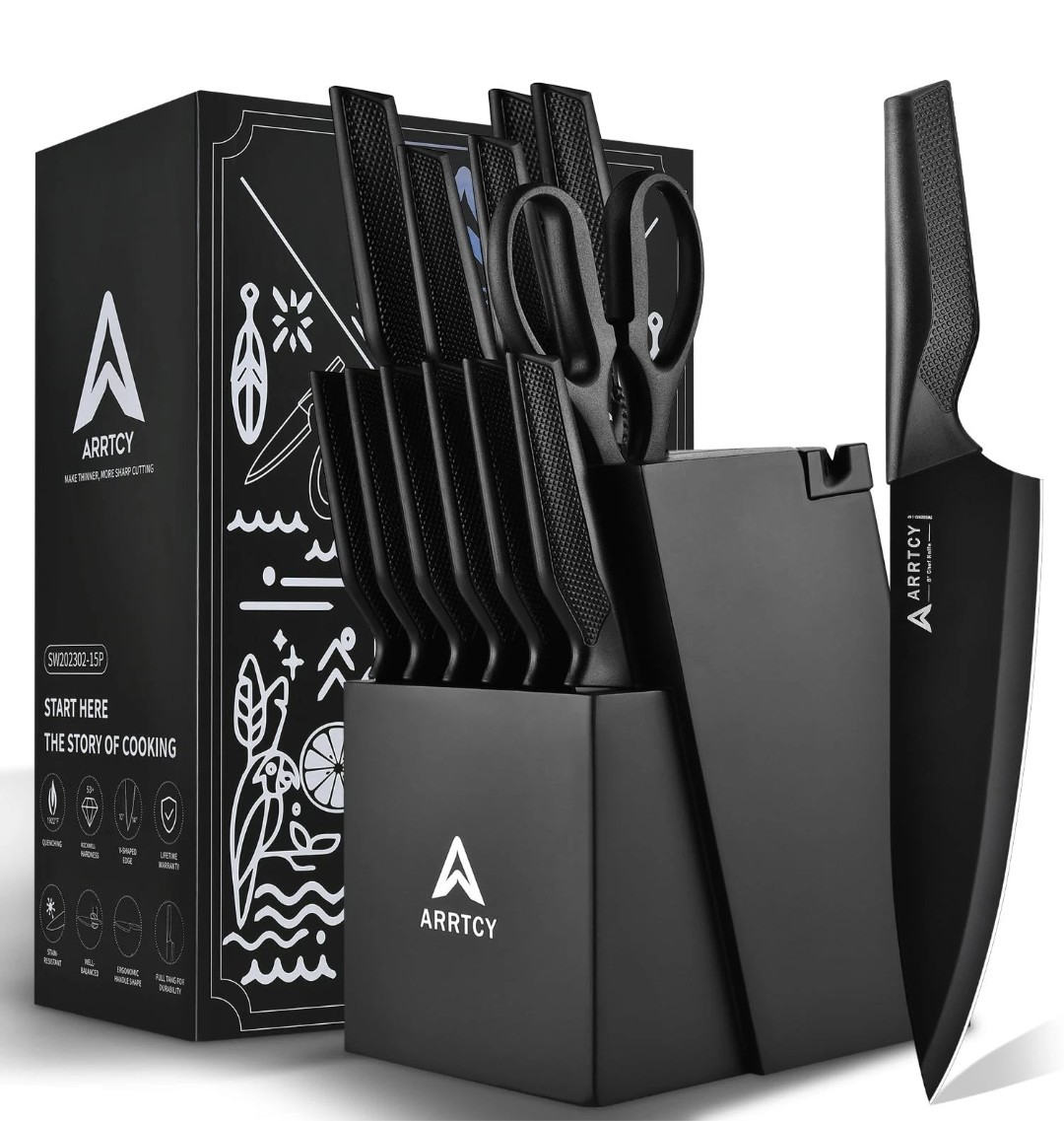 ARRTCY 15pc Kitchen Knife Set, High-Carbon German Stainless Steel, Black Blades