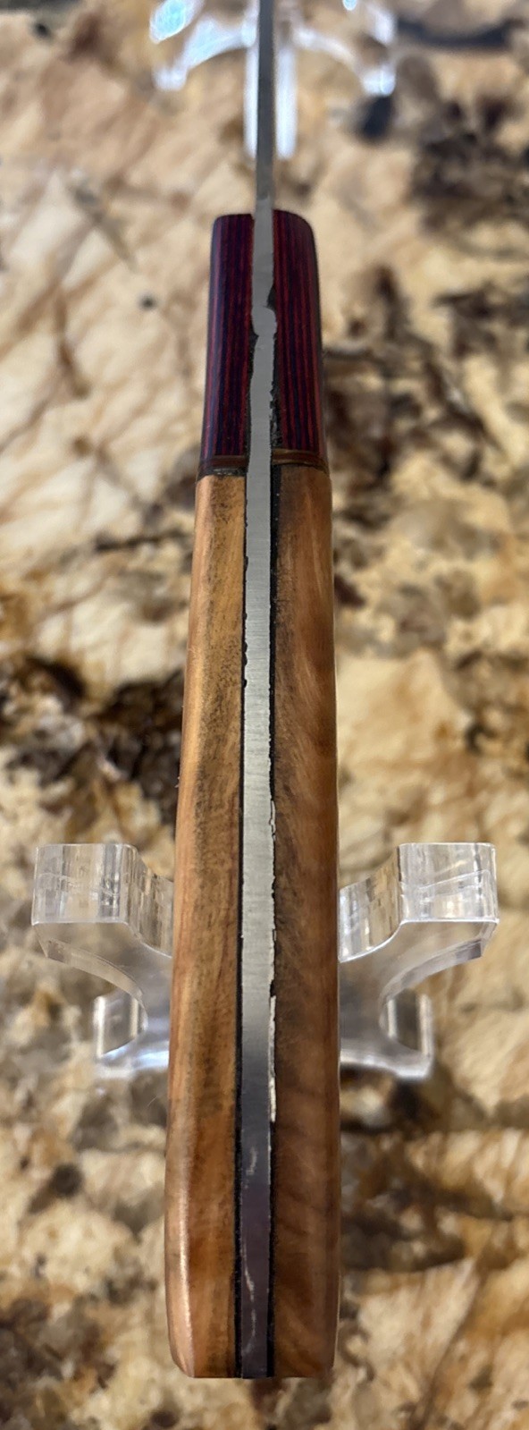 13” Damascus Serrated Bread Knife W/ Multi Colored Wood Handle & Leather Sheath