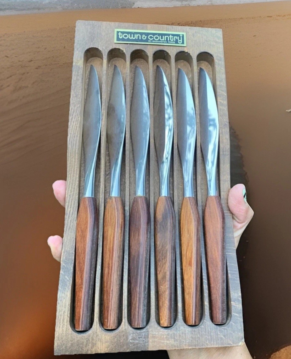 MCM Knife Set Teak Wood Fleetwood Danish Handle Storage Tray Washington Forge