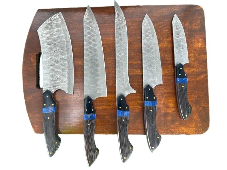Damascus Chef Set Of 5 Pcs & Leather Roll, Japanese Kitchen Knives Set