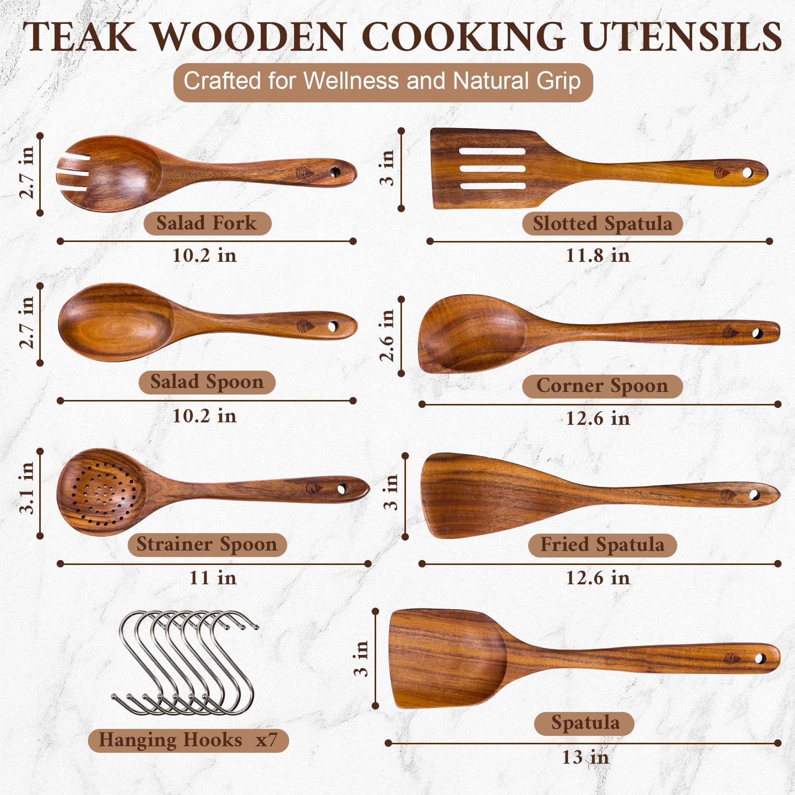 Vorisebo 7 Piece Wooden Spoons for Cooking, Natural Teak Wooden Utensils Set, Ha