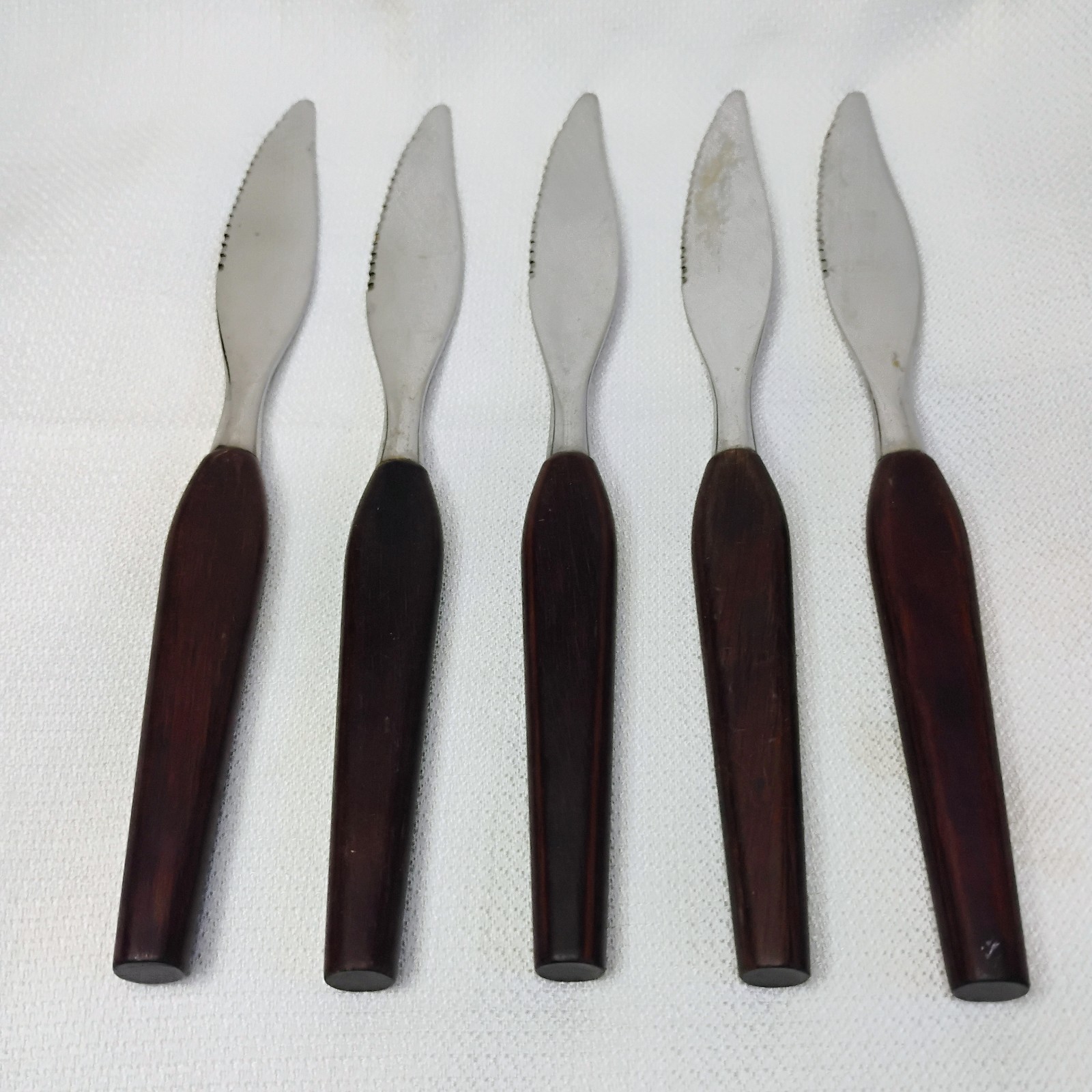 Vintage Teak Wood Fleetwood Designs Stainless Steak Knives Set of 5 8.25″ MCM